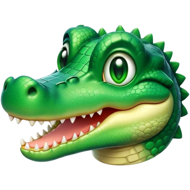 Cinematic Cute Crocodile Portrait Emoji, Head tilted playfully and inquisitively, featuring a smooth, glossy emerald-green hide with subtle textured scales and round, sparkling eyes filled with curious mischief, Simplified yet irresistibly adorable features, highly detailed, glowing with a warm, friendly glow, high shine, affectionate and surprisingly charming, stylized with a touch of wild whimsy, bright and endearing, soft glowing outline, capturing the essence of a mischievous yet lovable crocodile, so playful it feels like it could snap out of the screen into your arms! emoji