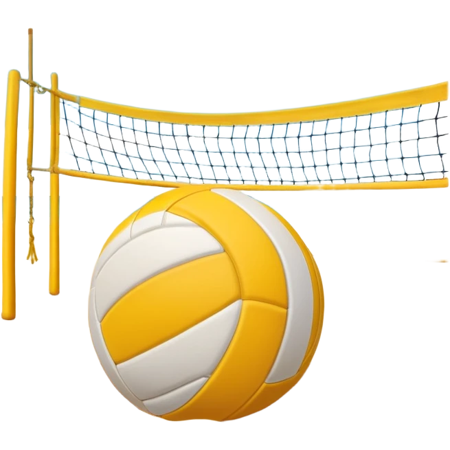 A volleyball resting on the yellow sand on a beach, with the net in the background and a scenic view of the ocean and sky. The scene captures the relaxed yet competitive vibe of beach volleyball, with warm sunlight and the natural beauty of the beach. emoji