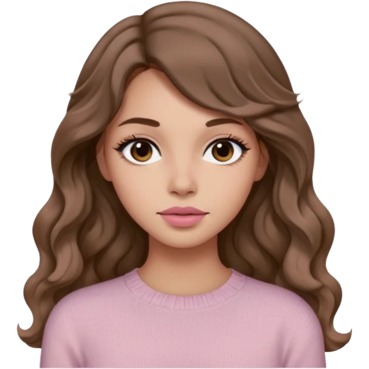 a woman with beige knit long sleeve top, her hair is long wavy brown hair, her face is soft girl style, her eyes color are black and the color of her lip is soft pink emoji