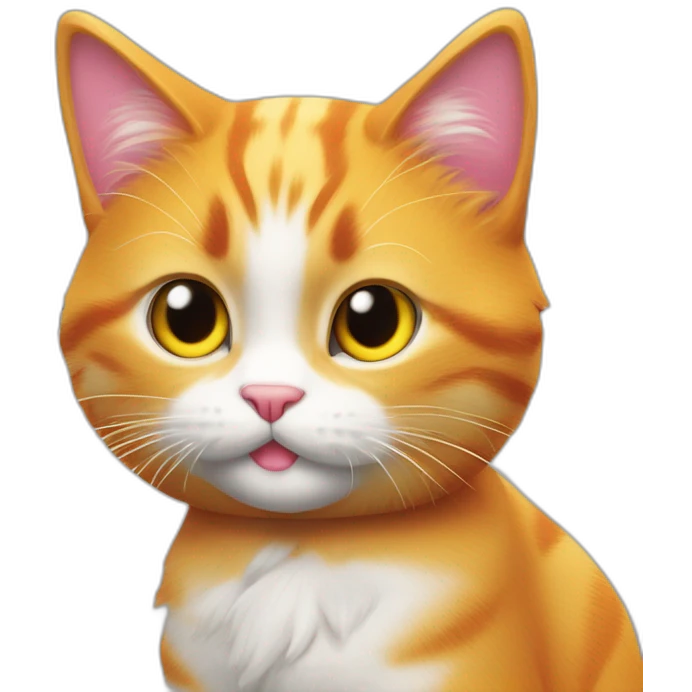 orange cat, pink nose, white on nose bridge, yellow eyes, white fur on chest, with red headphones, speaking into a shure mic on and round pop screen emoji