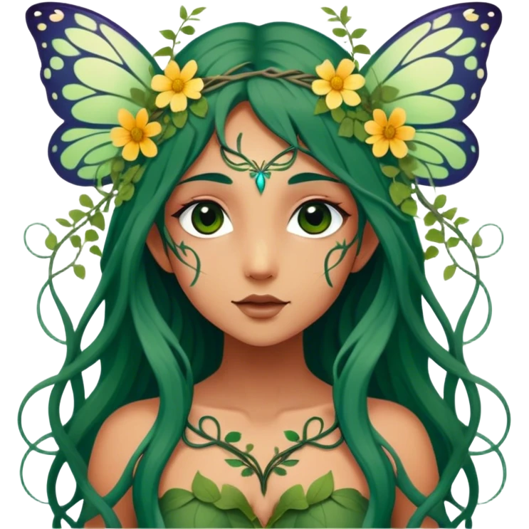 Cinematic Realistic Forest Nymph Fairy Portrait, depicted with lifelike, sun-kissed tanned skin that radiates an earthy glow, softly illuminated by natural, dappled light. Her long, flowing dark green hair is intricately detailed and interwoven with delicate vines and wildflowers, while her deep, soulful eyes mirror the wisdom of the forest. Dressed in an attire inspired by nature’s palette—with subtle botanical motifs—the portrait exudes a soft, enchanted glow that melds realism with woodland magic showing her large butterfly wings from her back. emoji