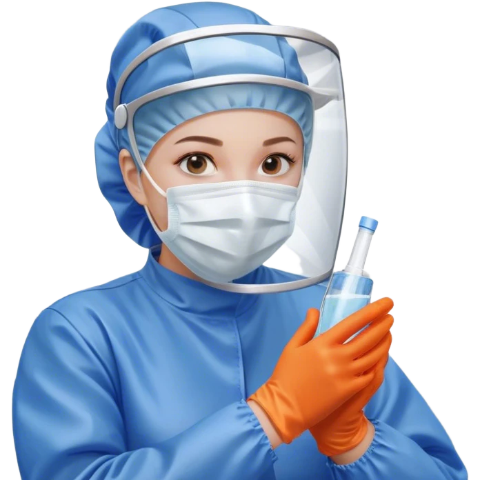 A meticulous cleanroom worker dressed in full protective gear, including a blue sterile suit, a face mask, a hairnet, and orange gloves. With a focused expression, they carefully wipe down a glass surface, ensuring strict hygiene standards in a controlled environment. emoji