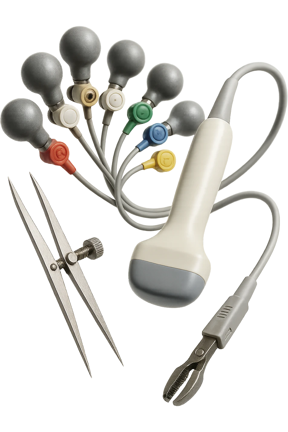 STRUMENTI MEDICI PER FARE ECG e ecocardio FLUTTUANO IN ARIA, iperrealistico 4k, isolato su sfondo bianco emoji
