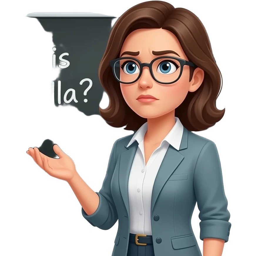 A photorealistic portrait of a female teacher in her 30s wearing glasses, standing in a school classroom. She has a skeptical look, looking up at the viewer with raised eyebrows. Next to her, a large blackboard has the text 'Who is Hasbulla?' written in messy chalk. Soft overhead classroom emoji