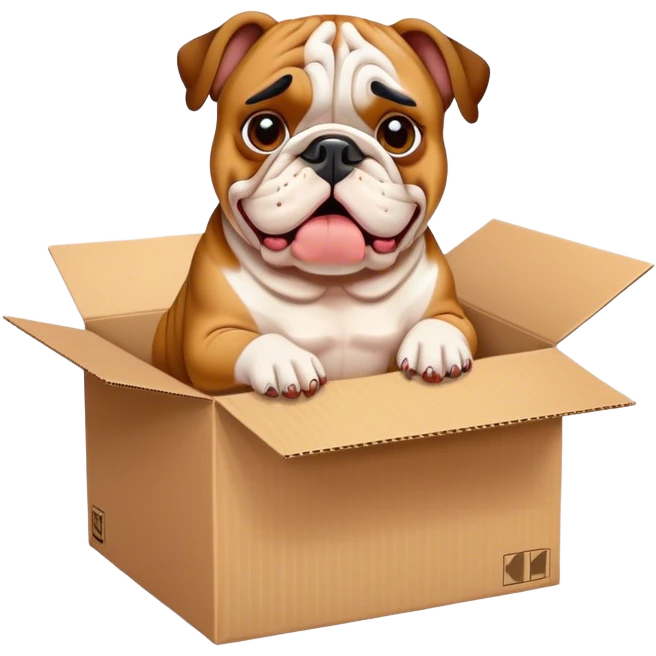 Homeless bulldog sitting in a cardboard box begging for change  emoji