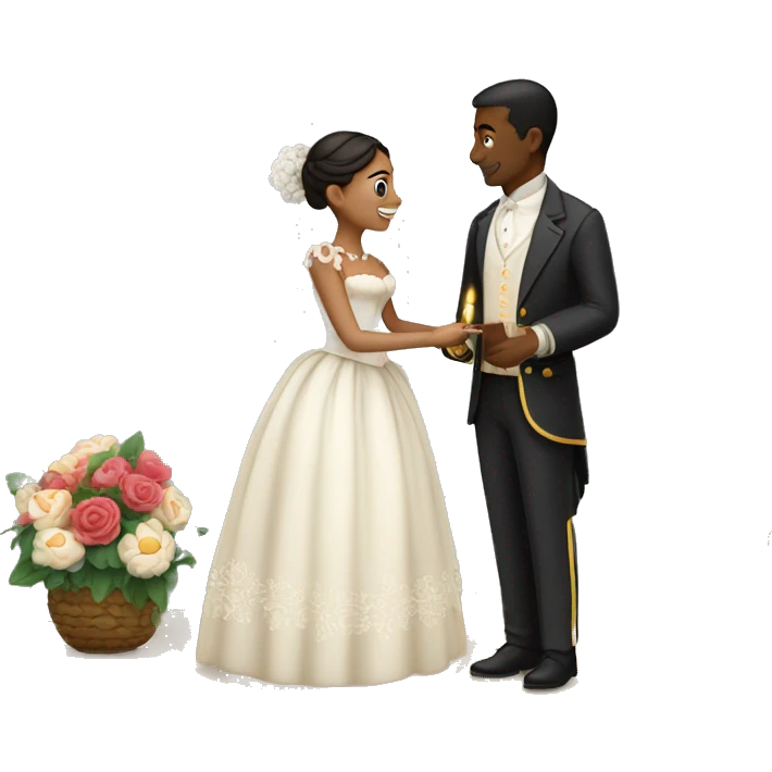 Create a romantic scene depicting a bride and groom in Santander's colonial setting, surrounded by flowers, candles, and wedding details. emoji
