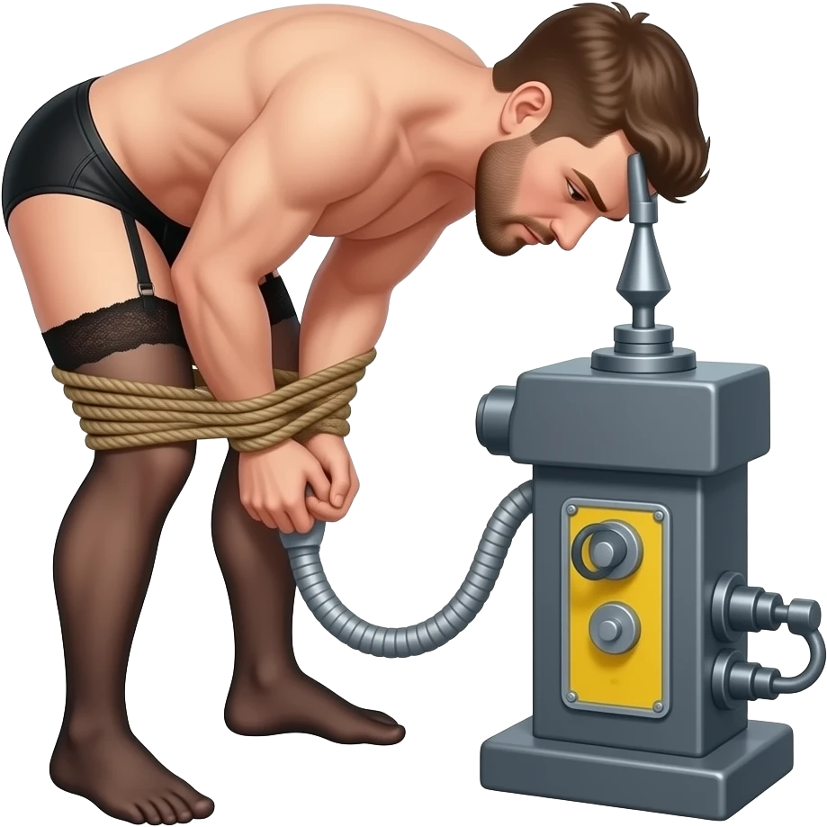 A man bent over tied up in sissy clothes geting pegged buy a sex machine emoji