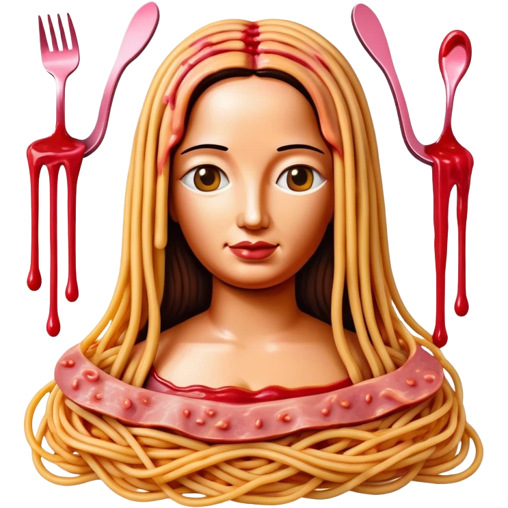 monalisa made of SPAM meat melted pink dripping sauce spaghetti portrait emoji