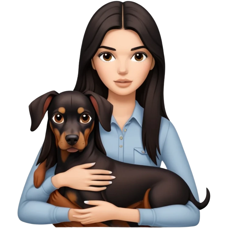 Kendall Jenner with long dark hair holds a Doberman Pinscher in her arms emoji