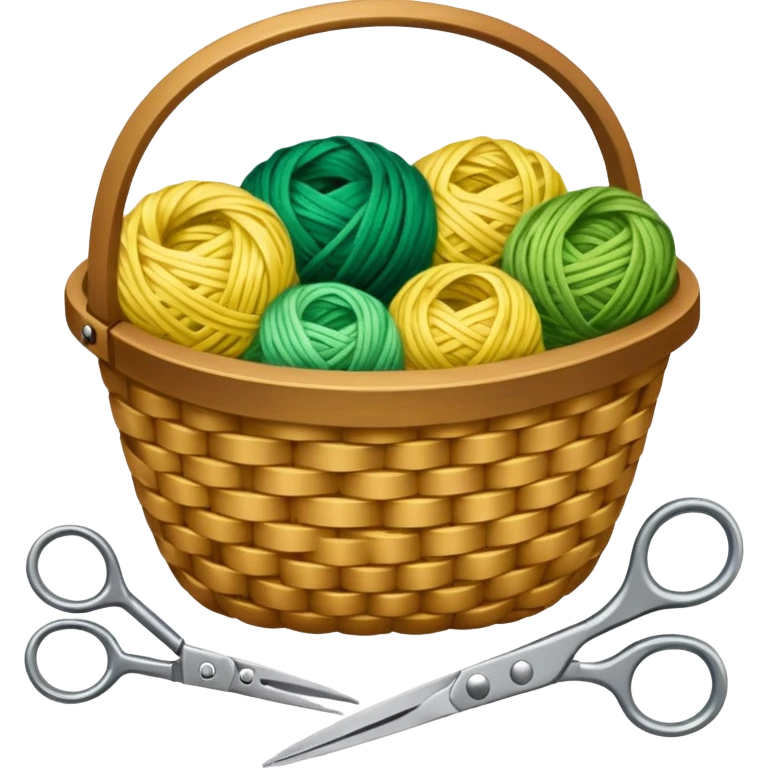 A tidy basket with neatly arranged green and yellow skeins and scissors. emoji