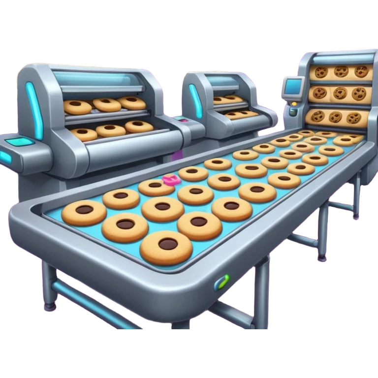 Cyberpunk cookie factory with neon lights, laser beams scanning cookies, glowing conveyor belts, high-tech cartoon style, emoji-style emoji