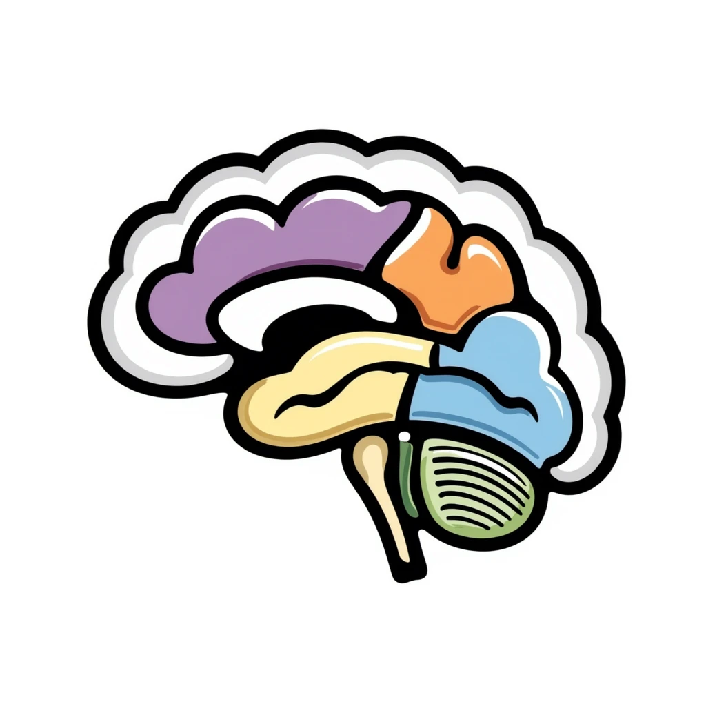 Hand-drawn anatomical brain cross-section showing different colored regions: purple cerebrum, orange cerebellum, blue brain stem, yellow thalamus, green hypothalamus. Detailed medical illustration with anatomical features clearly defined. emoji
