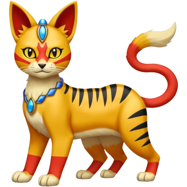 Colorful orange red black yellow Bastet-Gatomon-Meowth-Vernid-Protogen-Digimon-Fakémon-Pokémon-creature  (full body) emoji
