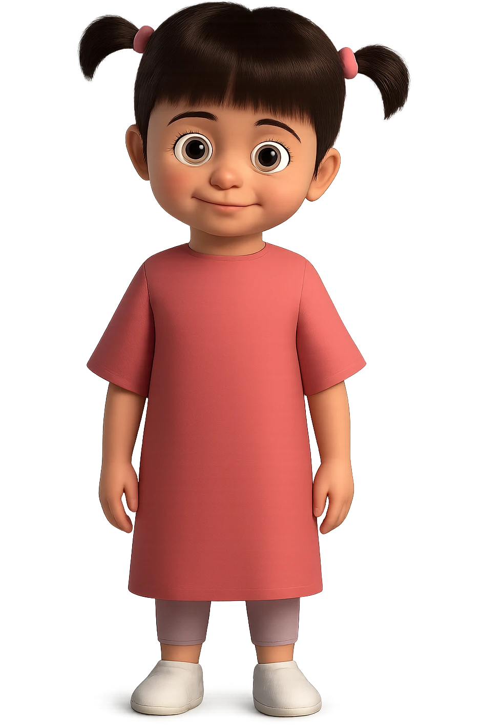 Repose the girl so she is standing straight, facing forward with arms relaxed at her sides, keeping the style and quality the same as the original image. emoji