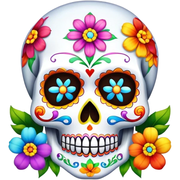 Beveled square shaped button with day of the dead sugar skull and rainbow colored flowers emoji
