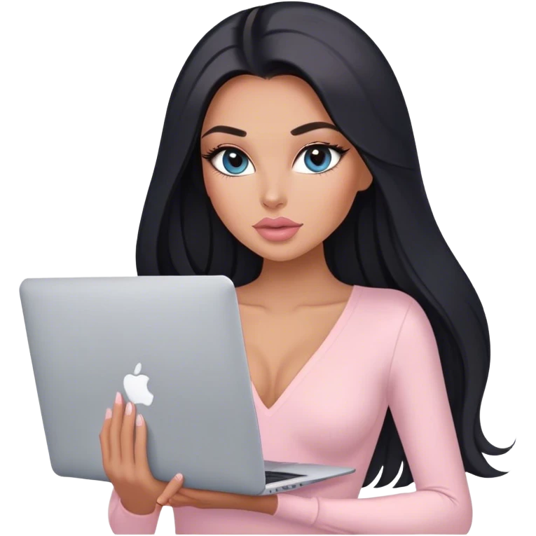 Glamours, tanned, very beautiful girl, with big pump peach-beige-rose lips, long lashes, black straight smooth silky long hair, straight parting hair, blue-grey eyes, in light-pink v-neck bodysuit holding MacBook emoji