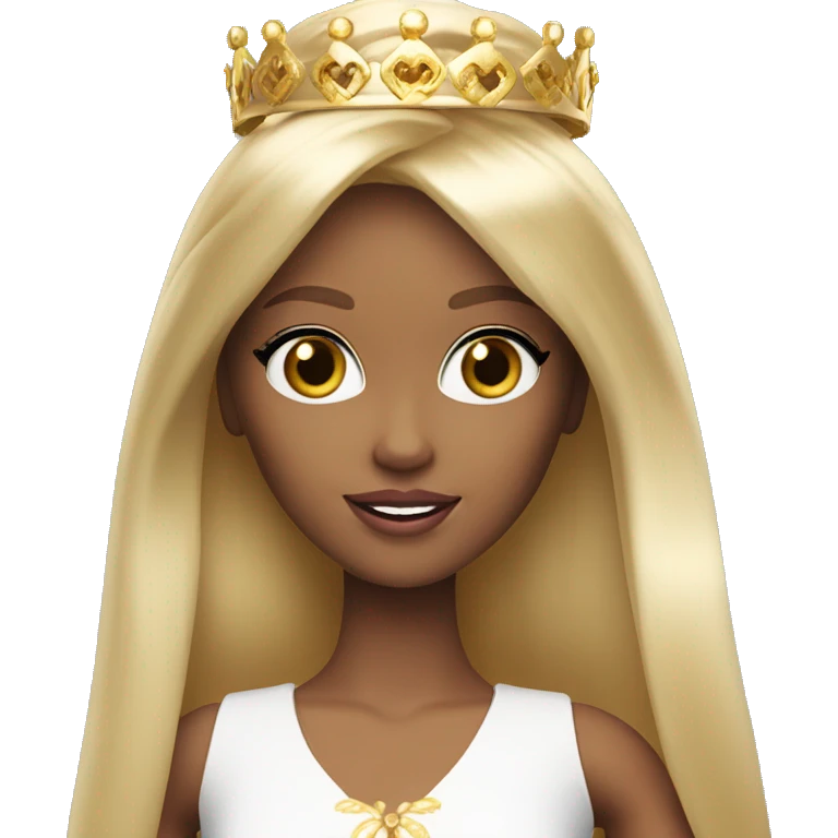 Blonde Barbie with bangs and long straight hair and hazel eyes wearing a gold crown emoji