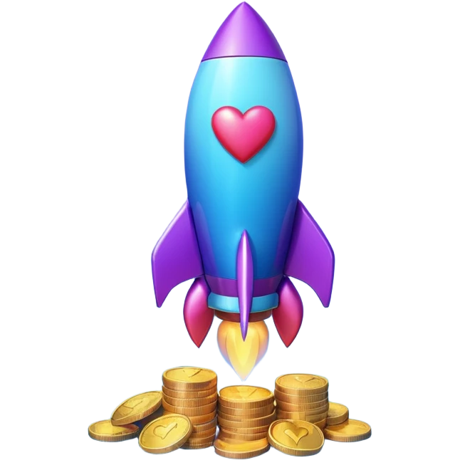 3D rocket with coins and hearts, purple blue gradient, glossy, transparent background emoji