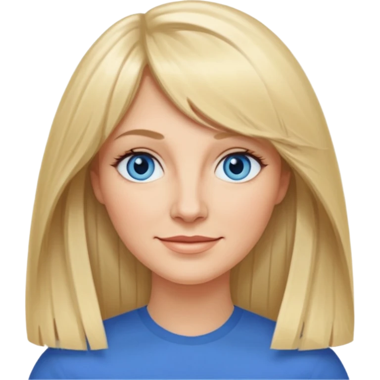 40 yr old white woman, curtain bangs, very long straight blond hair, oval face, small smile, blue eyes, thin oval face, hair down to elbows emoji