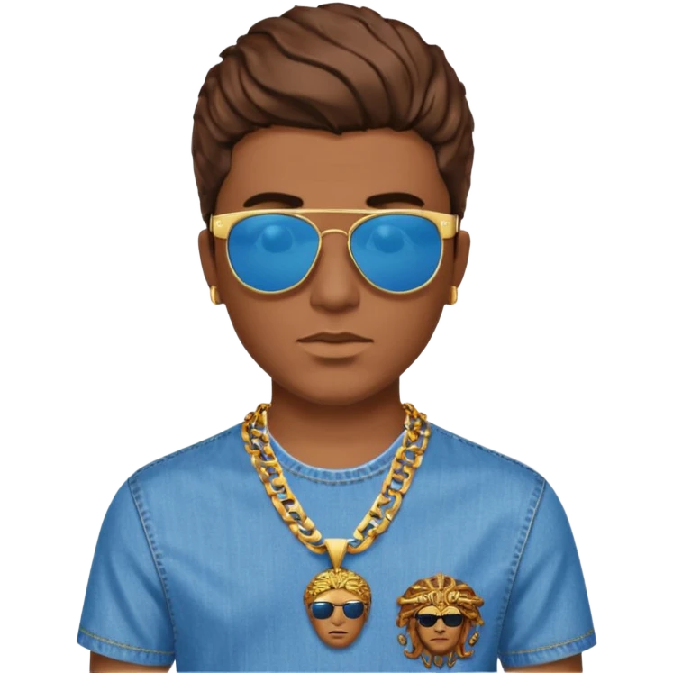 man emoji with brown hair, sunglasses on head, blue and gold Versace shirt with Medusa design, chain necklace, jeans emoji