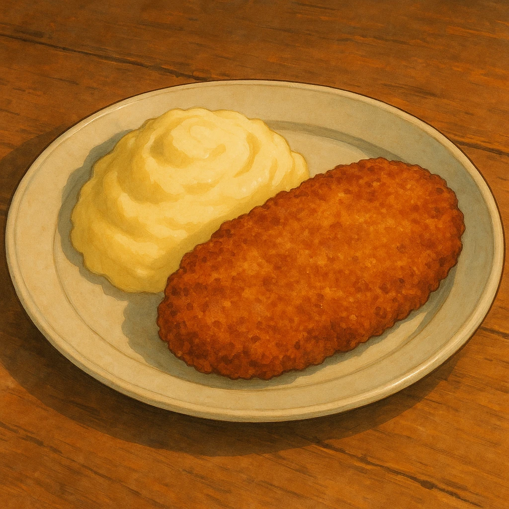 plato de milanesa con puré, el puré junto a la milanesa en el mismo plato, a modo de acompañamiento, ilustración cálida y detallada emoji