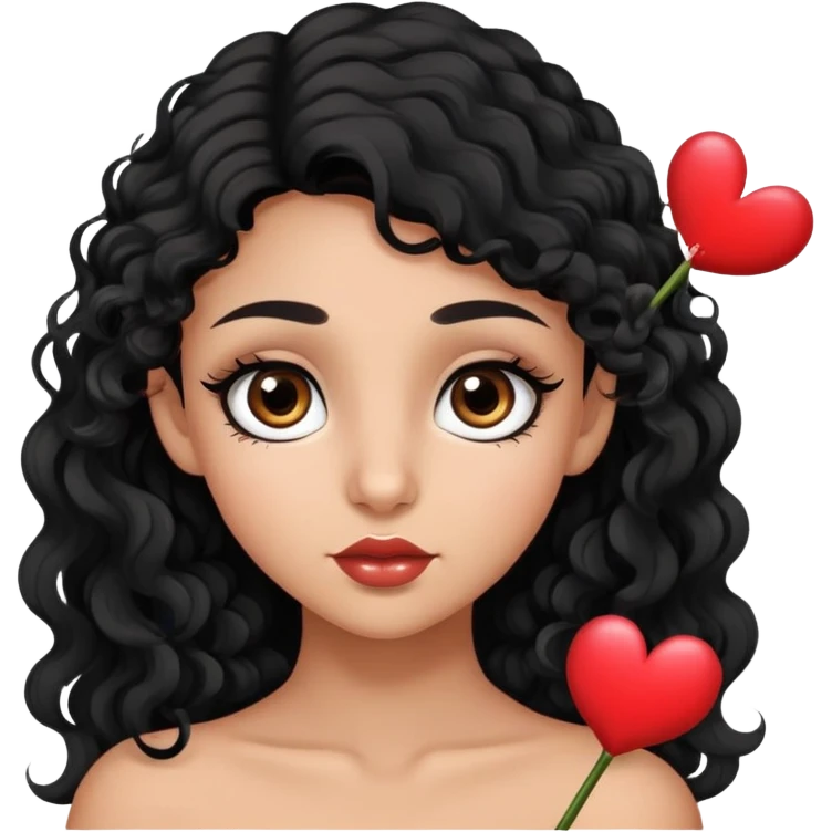Lightly tan girl with big brown eyes and long lashes, black slightly curly hair that is long, marked Cupid arc on lips  emoji