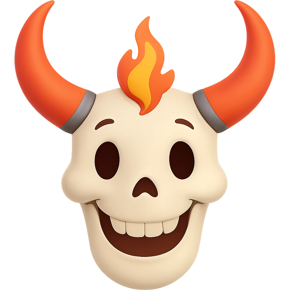 Make the white bull skull with bright red-orange flaming horns look less scary, give it a friendly and approachable expression, keep the style consistent. Remove the background. emoji