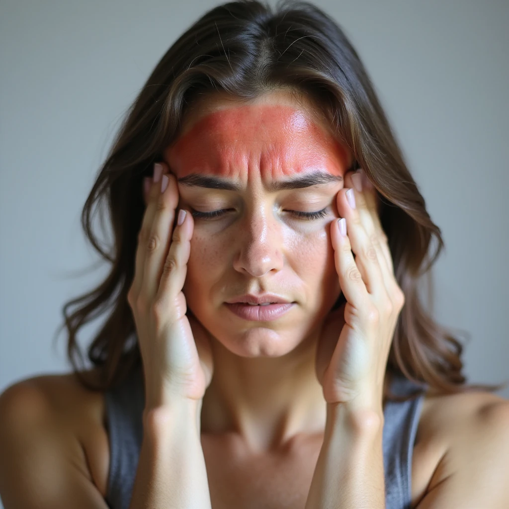 woman with hands on temples, close-up face, forehead and temples area reddened, headache expression, realistic style, neutral background emoji