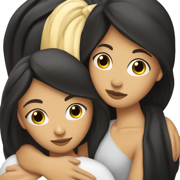 a beautiful brunette with long black hair, slightly tanned, hugs a tall blonde pumped up emoji