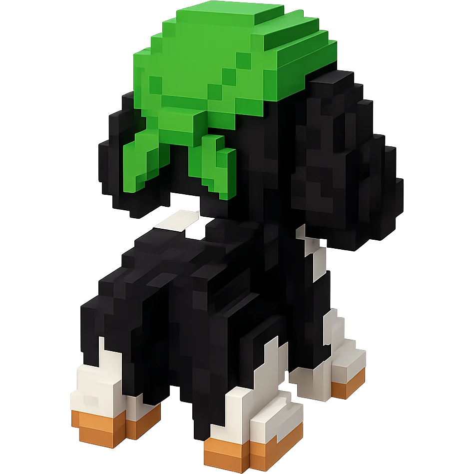 A black and white Russian Cocker Spaniel puppy wearing a green durag, facing backward emoji