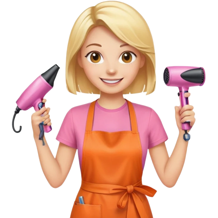 blonde female hairstylist smiling, pink t-shirt, orange apron, hands up, holding scissors and hairdryer emoji