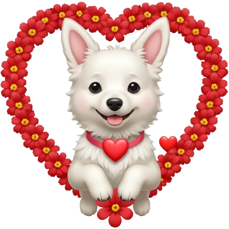 White belgian Dog with a flowerband on head is jumping in a heart emoji