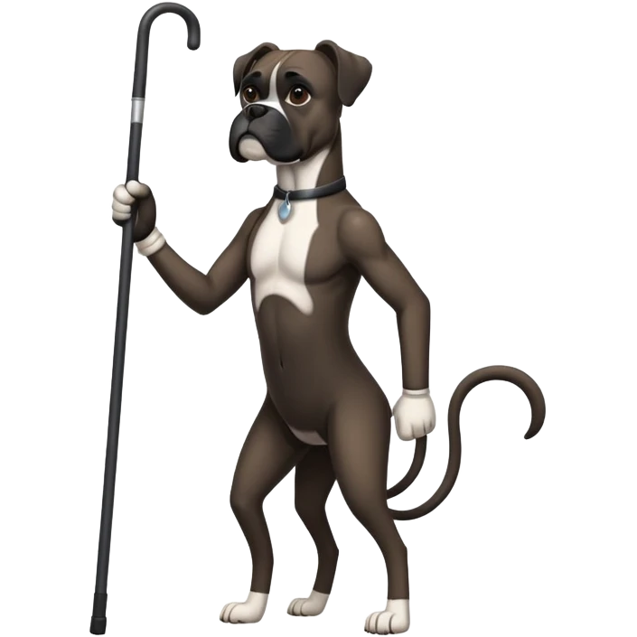 Elderly black boxer dog standing on hind legs using a cane to walk emoji