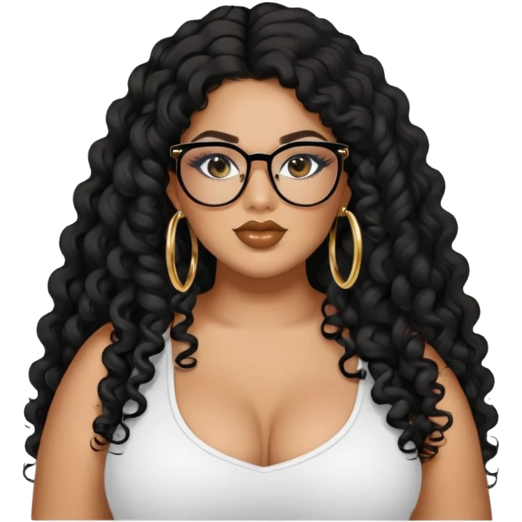 big plus size, latina, darker tan skin, gold hoops, long black curly hair, baddie,pretty, makeup, lipgloss, black eyeliner, long hair, black top, black glasses emoji
