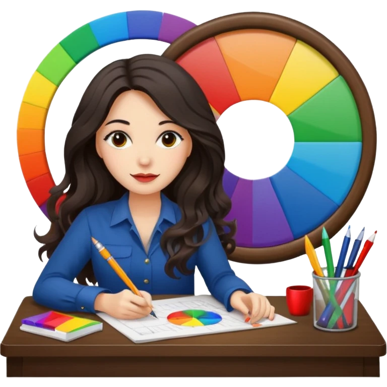 female dark wavy long hair graphic designer , big color wheel behind , pens, papers, desktop emoji
