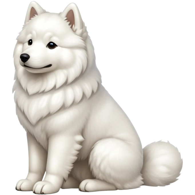 cinematic-[samoyed]-realistic-full-body-sitting-emoji,-tail-resting-loosely-beside-its-paws,white eyes-head-tilted-dramatically, -fluffy-[white]-fur,-simplified-yet-realistic-focused-features,-highly-detailed,-glowing-with-an-almost-sarcastic-glow emoji