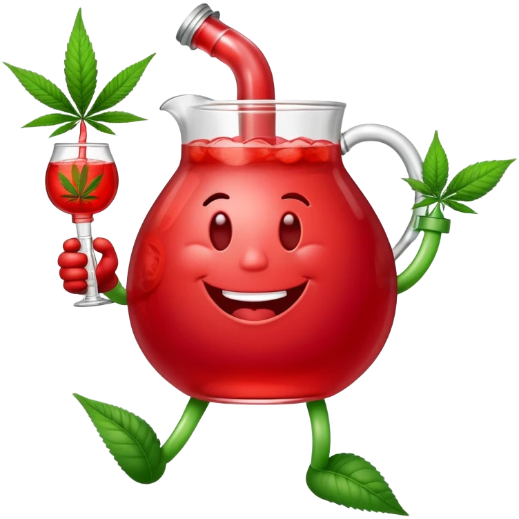 Kool-Aid Man pitcher character with legs and arms holding a bong and a prominent cannabis leaf emoji
