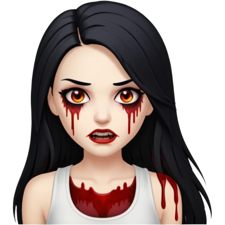 White woman with a white tank top long black hair glossy middle part long hair vamp look with fangs or blood dripping brown eyes eyeliner winged with lashes top and bottom emoji