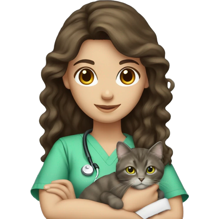 Pretty Brunette long wavy hair veterinary nurse. green scrubs holding a cat emoji