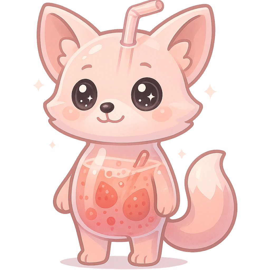 full-body cute blender fox with transparent body showing fruity smoothie inside, sparkling eyes, pastel pink color, transparent background emoji