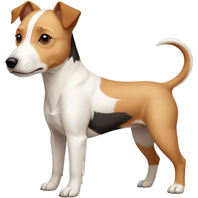a full body facing front on of a buff white parson russell terrier looking dog the size of a kelpie with light brown long ears resting on its face and a light brown patch on one eye and a large snout. the rest of the dog is completely white.  emoji