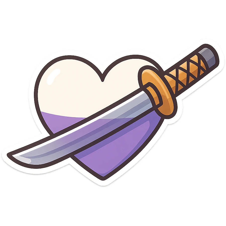 cartoon style katana passing horizontally through a heart, clear division: top side white, bottom side purple emoji
