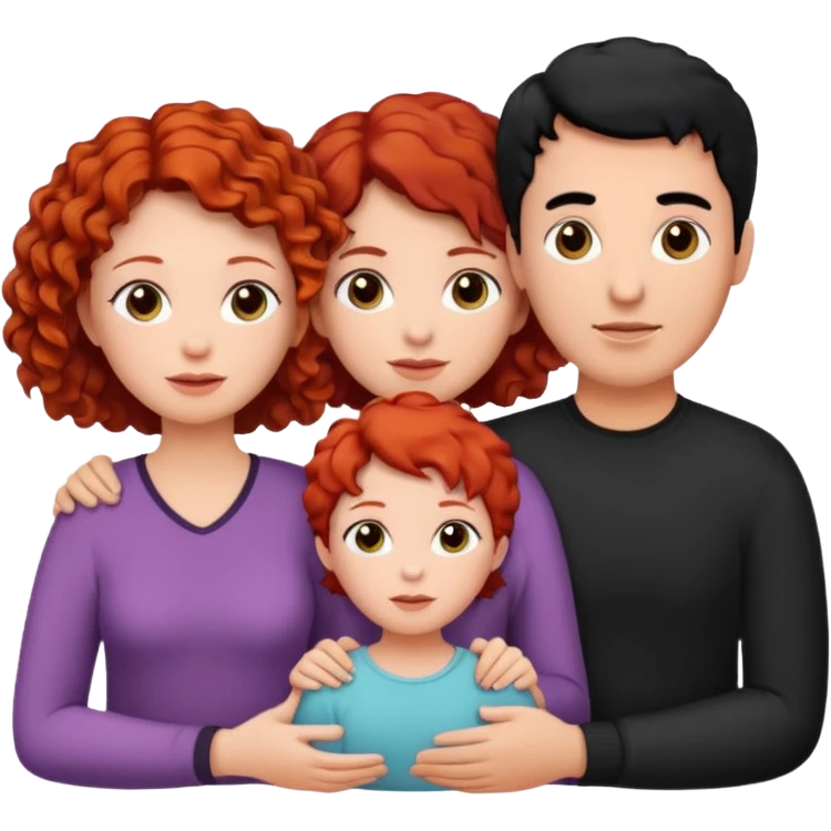 a family of three, all three white: the mother with short, curly red hair, the father with black hair, and the daughter with black hair. emoji