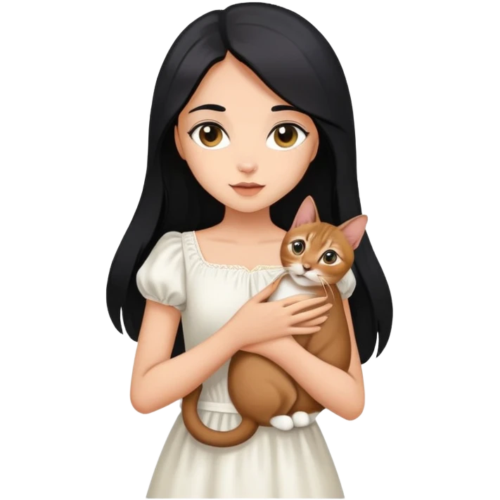 A beautiful girl with long black hair wearing a white dress holds an Abyssinian cat in her arms emoji