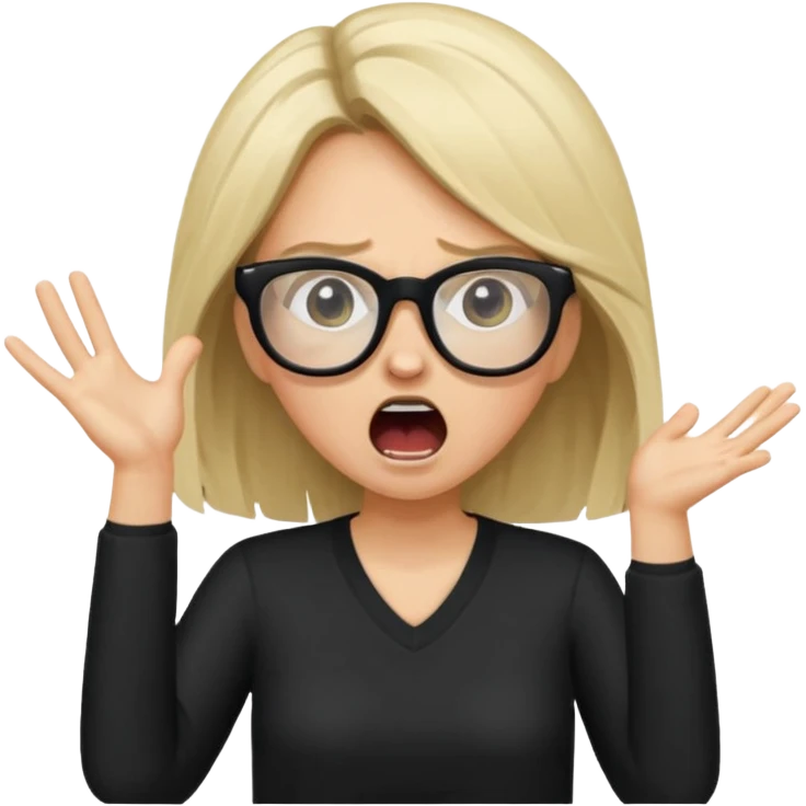 Young woman, wearing black clothes, brunette/blonde with loose hair, wearing white glasses, shouting bad words emoji