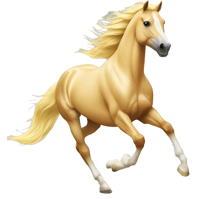 Yellow palomino horse with long flowing mane galloping with prosthetic leg, slender horse, solid yellow horse, running, yellow horse galloping with prosthetic leg, pretty horse emoji