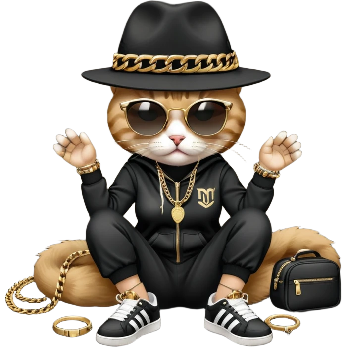 female cat dressed like Run DMC with tracksuit, fedora, Adidas shoes, dark sunglasses, lots of gold chains, rings, bracelets, earrings, lying on the ground, distressed and crying emoji