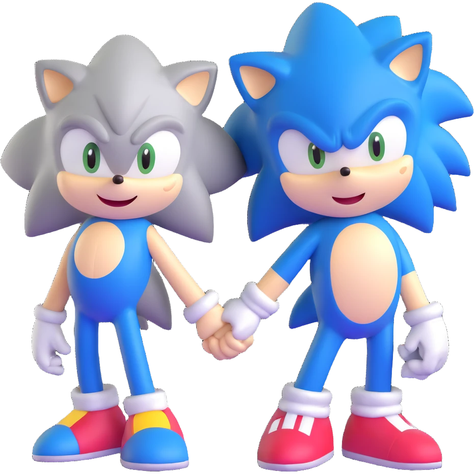 Sonic the Hedgehog, baby Sonic, and Silver the Hedgehog holding hands together emoji