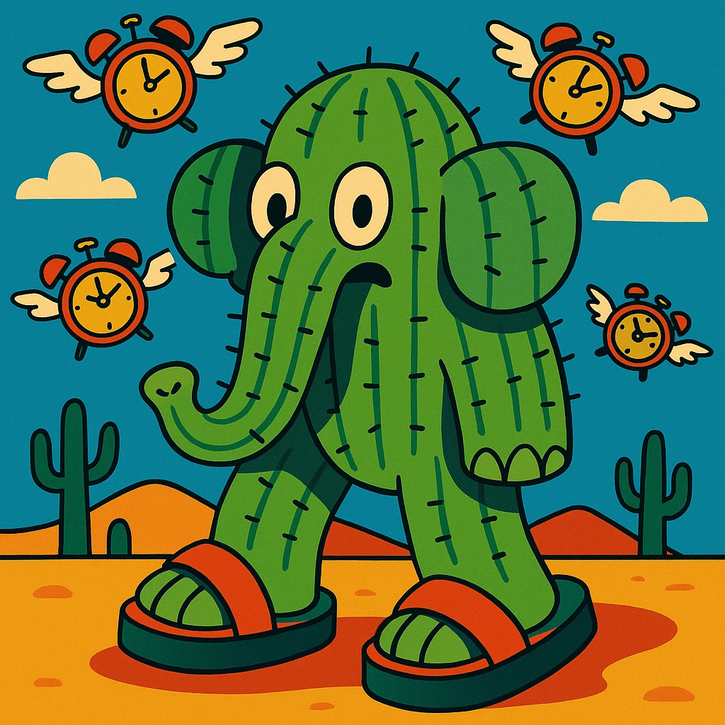 giant cactus elephant wearing huge sandals in a desert with flying alarm clocks in the sky, inspired by Lyriq LaRue from Super Brainrot emoji