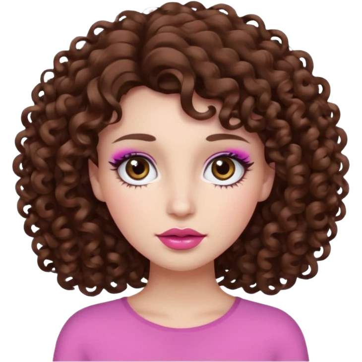 Curly brown hair white skin with brown eyes and long eyelashes and pink lips emoji